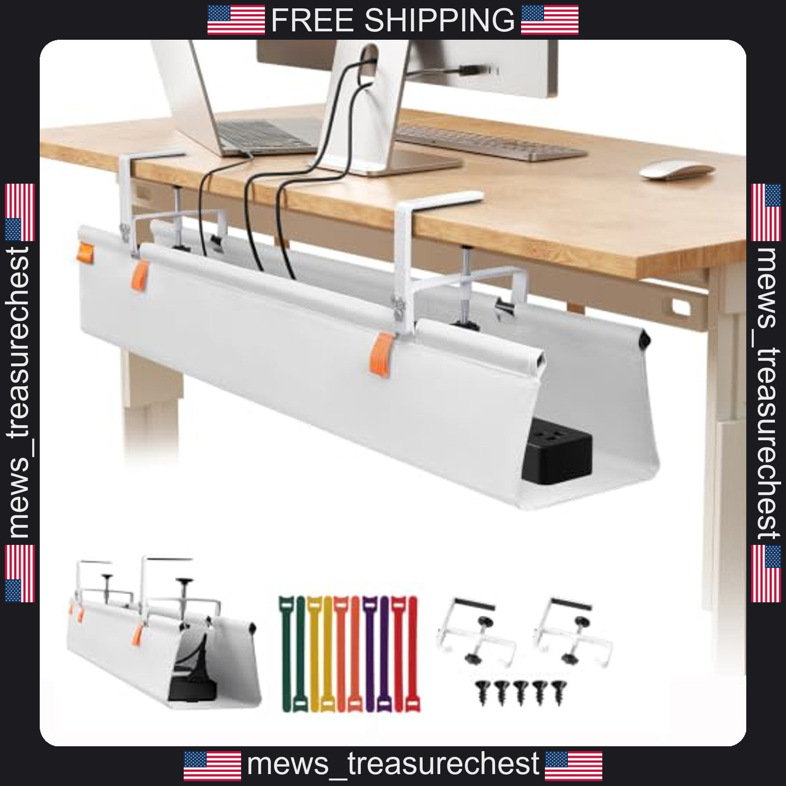 36 Inch Under Desk Cable Management Tray White No Drill Clamp Mount