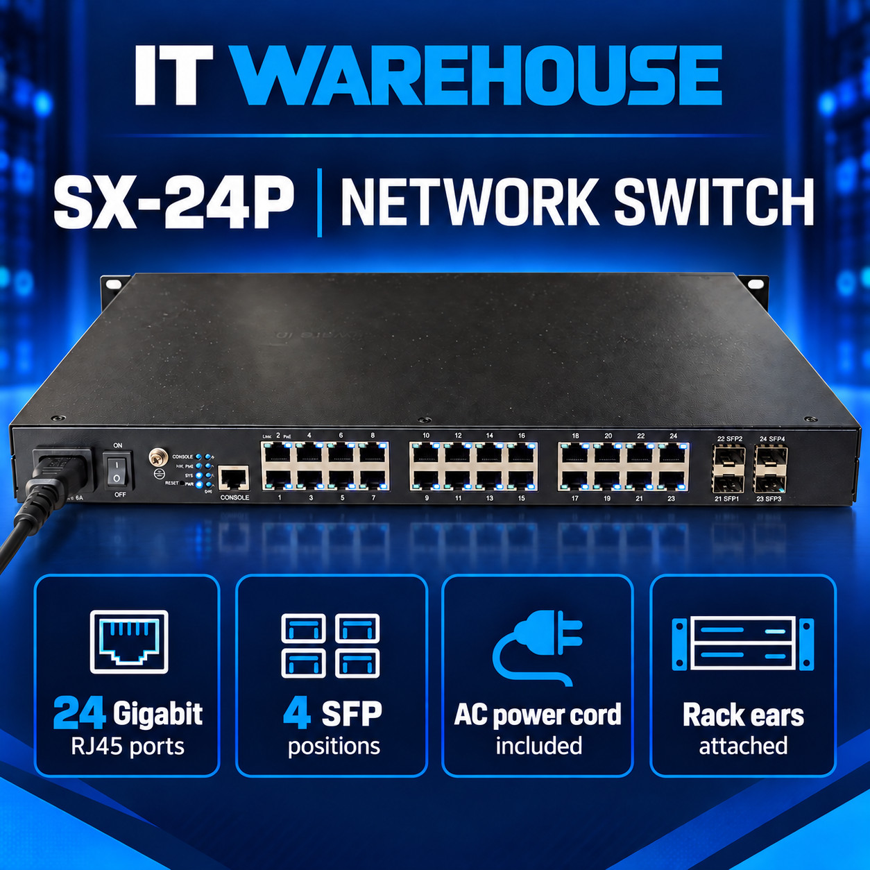 Pakedge SX-24 24-Port 4x SFP Gigabit Switch w/ 8x PoE 4x PoE+ Ports w/ Cord