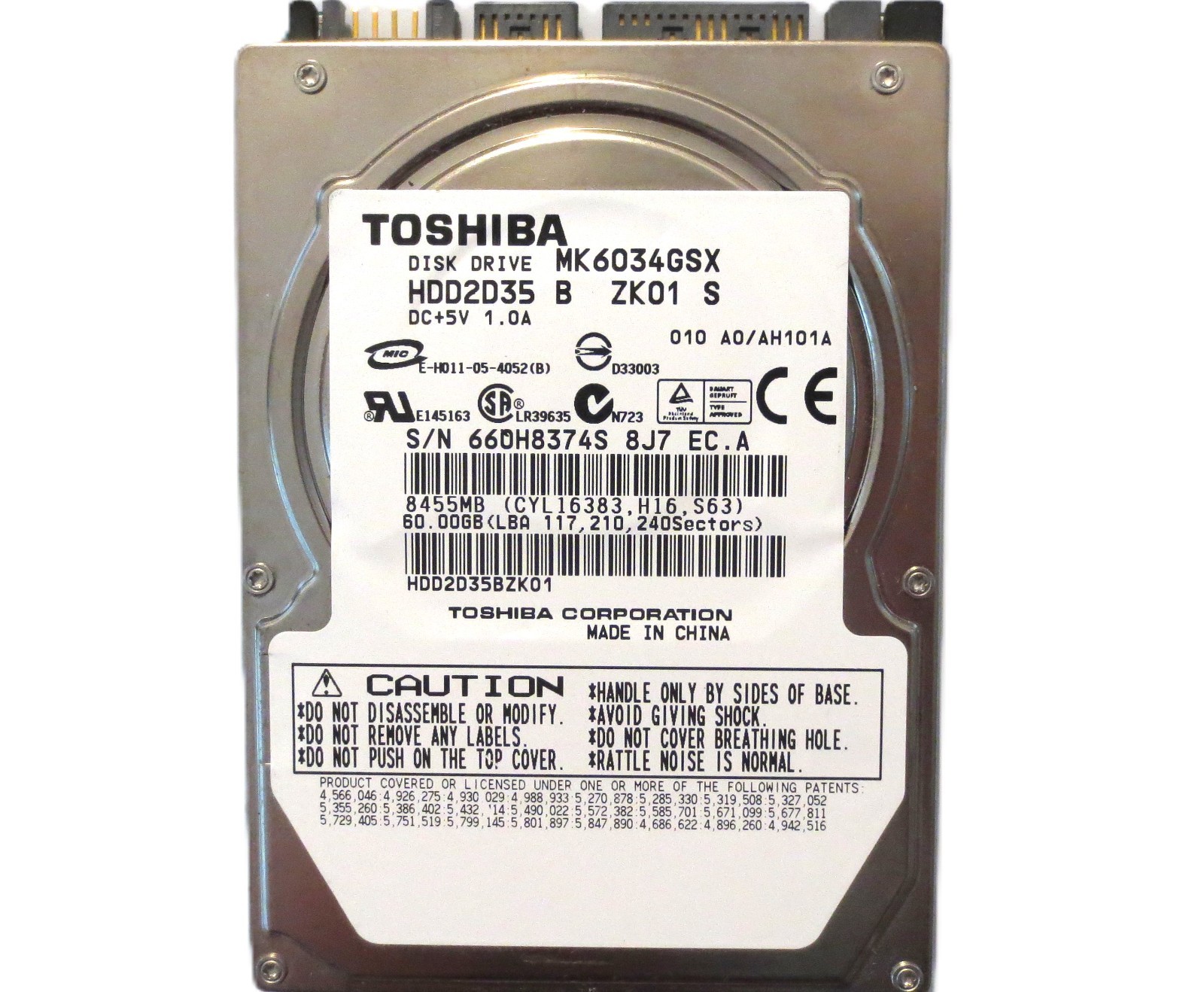 Toshiba MK6034GSX HDD2D35 B ZK01 S 010 A0/AH101A China 60gb 2.5" Sata Hard Drive