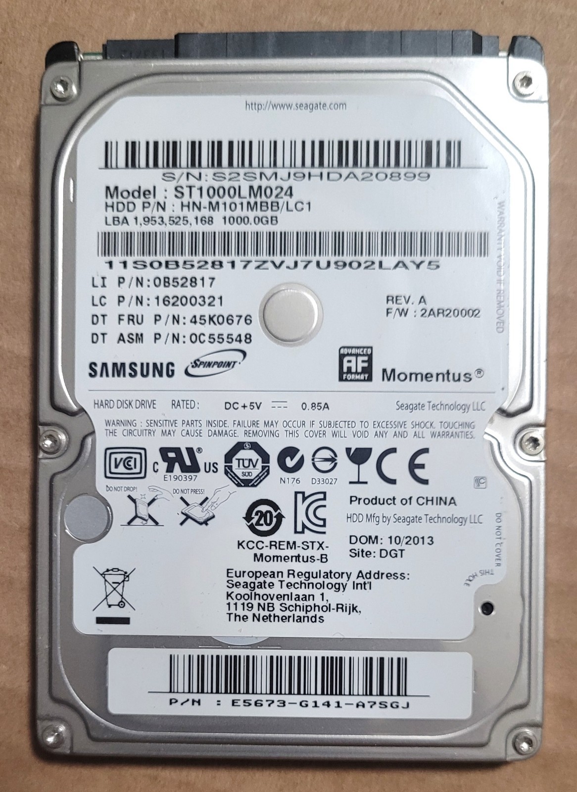 HARD DRIVE 1000GB SAMSUNG 2.5" SPINPOINT MOMENTUS HDD ST1000LM024 HN-M101MBB/LC1