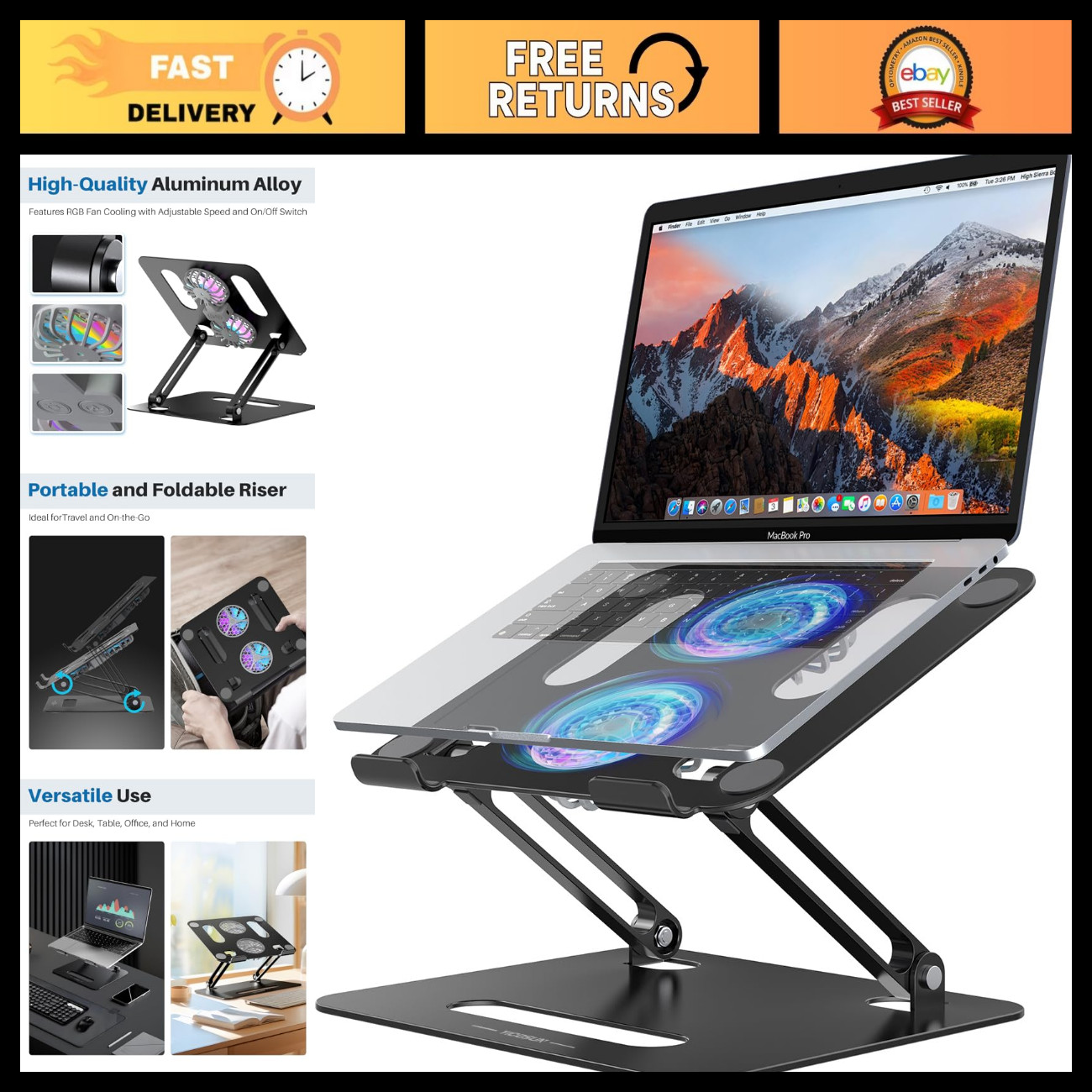 Adjustable Laptop Cooling Stand with 2 Quiet Fans & RGB Lights, Ergonomic Foldab