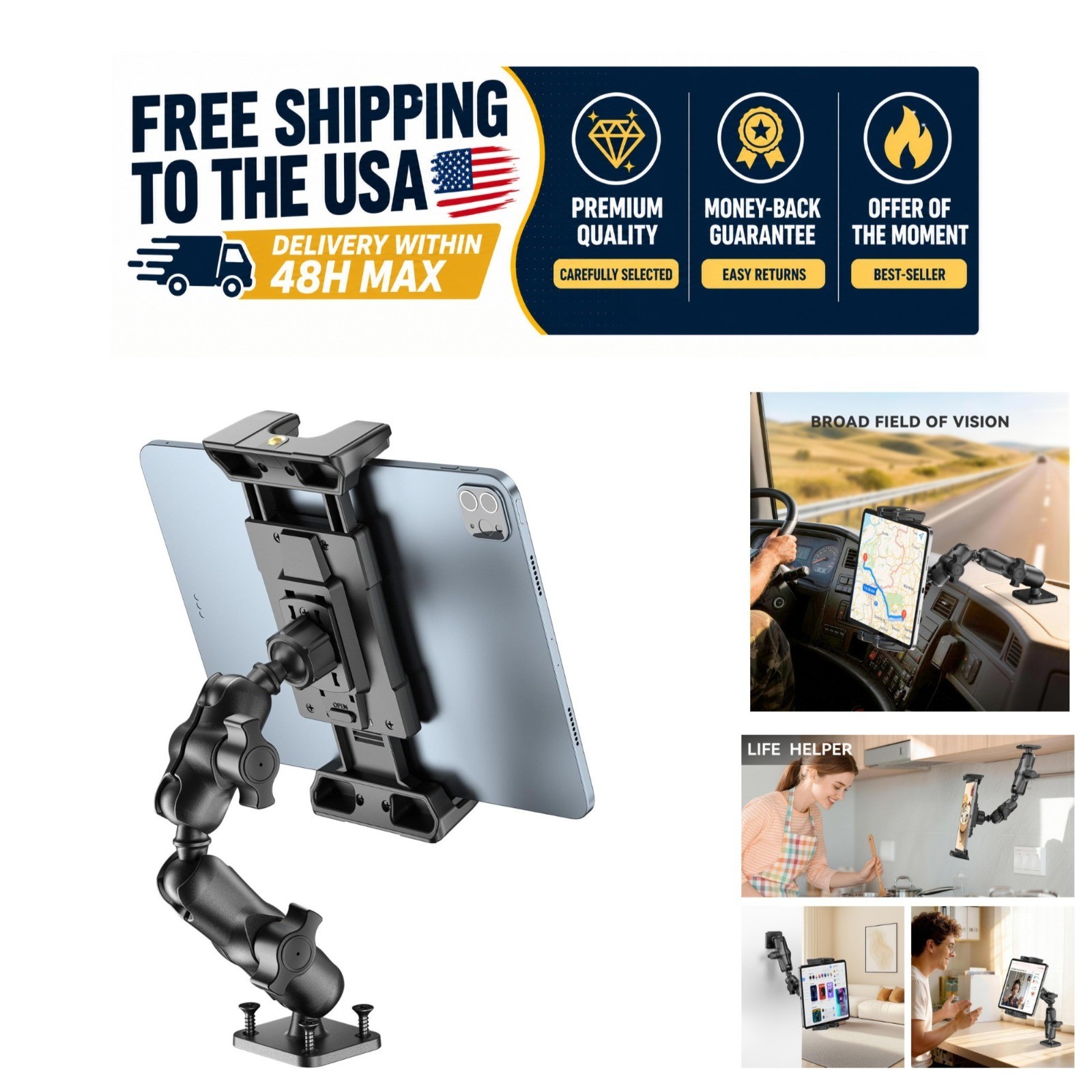 OHLPRO Tablet Mount for Truck, Heavy Duty Drill Base Car iPad Holder 5"-13"