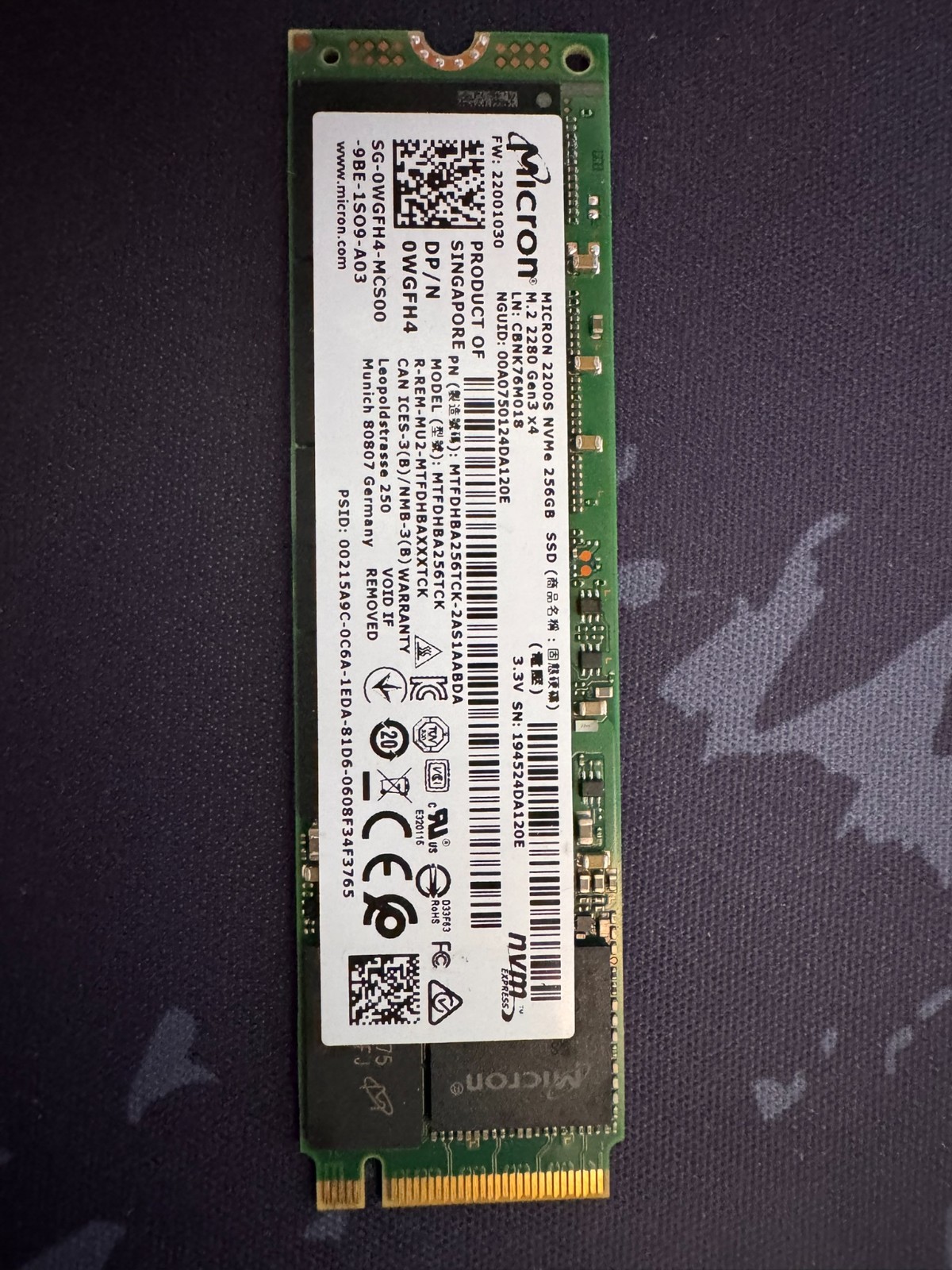 (2) - 256GB M.2 2280 Gen3 NVMe-Micron-Samsung