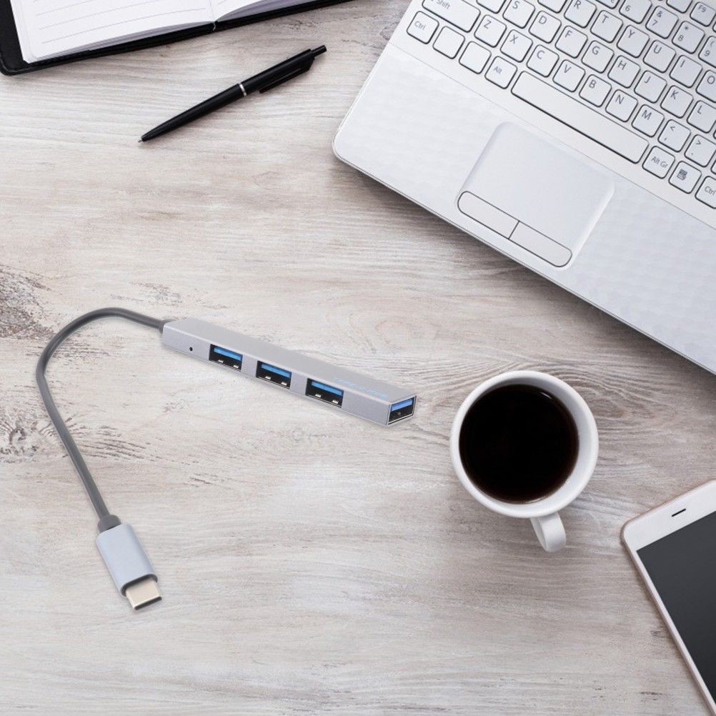 Grey Durable Aluminum Alloy USB Hub 4 Port Data Transfer Dock for Computer