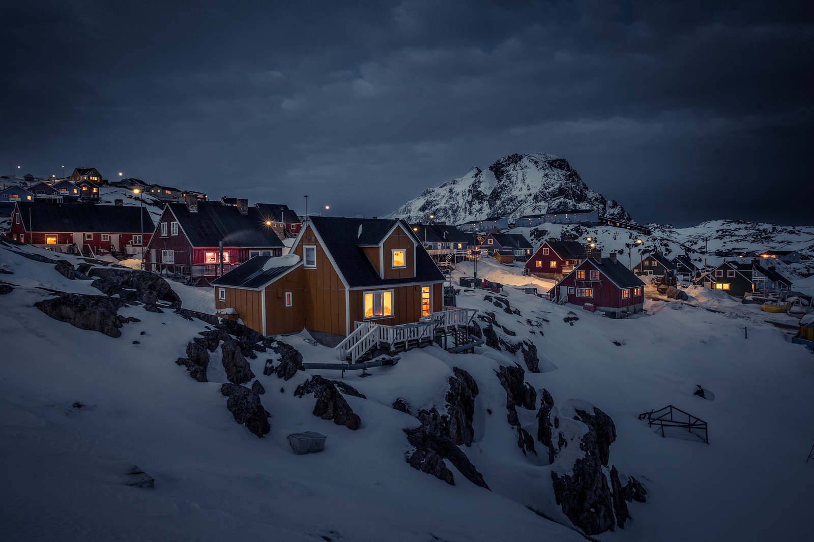 Landscape greenland night house lights town snow Custom Gaming Mat Desk