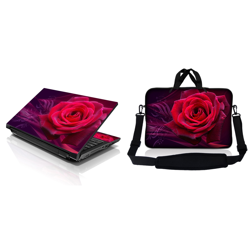 15.6" Laptop Computer Sleeve Bag w Shoulder Strap & Matching Skin Red Pink Rose