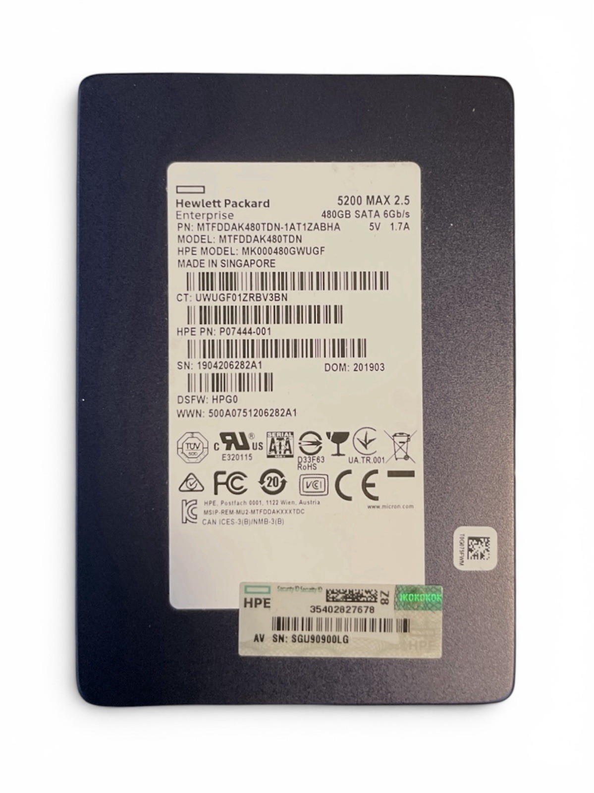 Lot of 5 HPE 480GB Micron 5200 MAX SATA 2.5” Enterprise SSD MTFDDAK480TDN