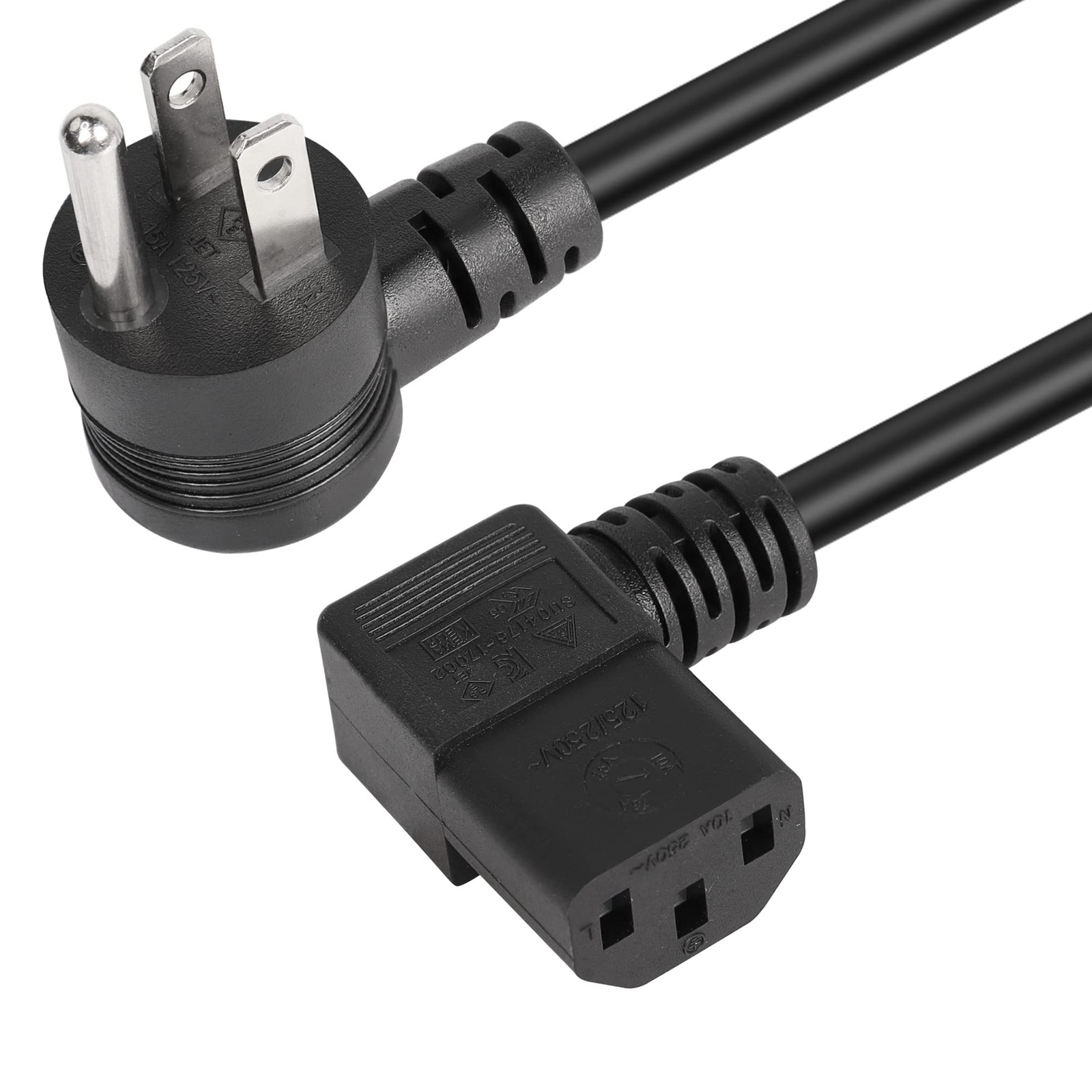 90 Degrees 3 Prong AC to IEC320 C13 Power Cord, 10A 125V Up Angle NEMA 5-15P ...