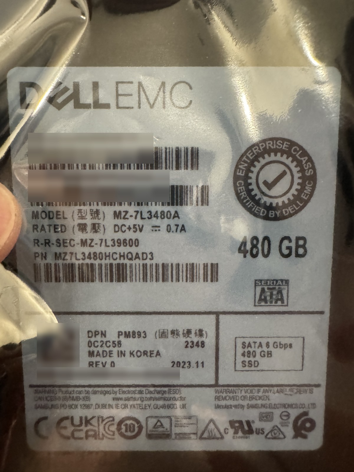 NEW SEALED Dell EMC C2C58 480GB SATA SSD PM893 2.5" w/ 3.5" Carrier MZ-7L3480A