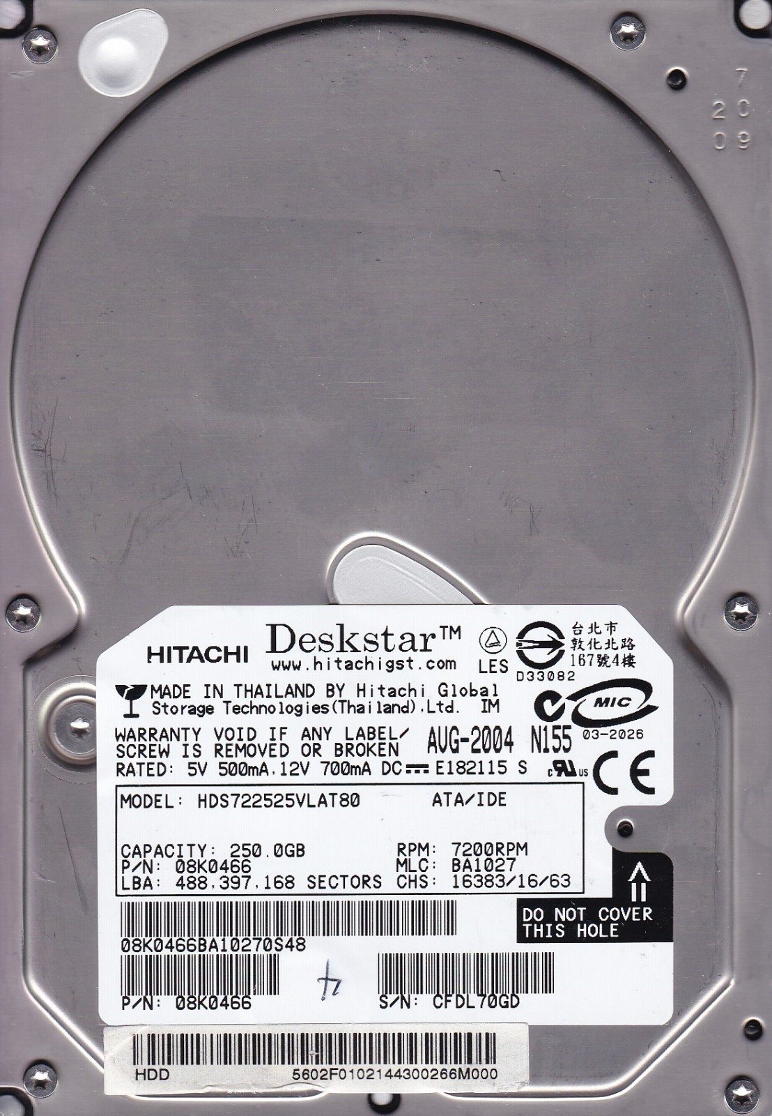 FOR DATA RECOVERY Hitachi HDS722525VLAT80 250GB MLC: BA1027 IDE BED SECT.  6710