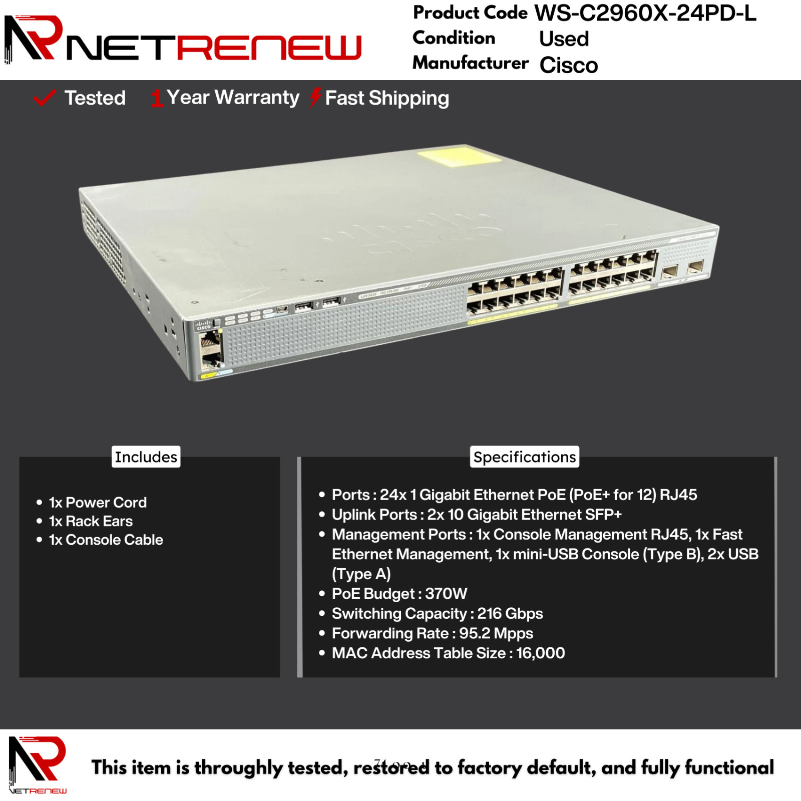 WS-C2960X-24PD-L  Cisco Gigabit Switch 24 Port PoE Lan Base