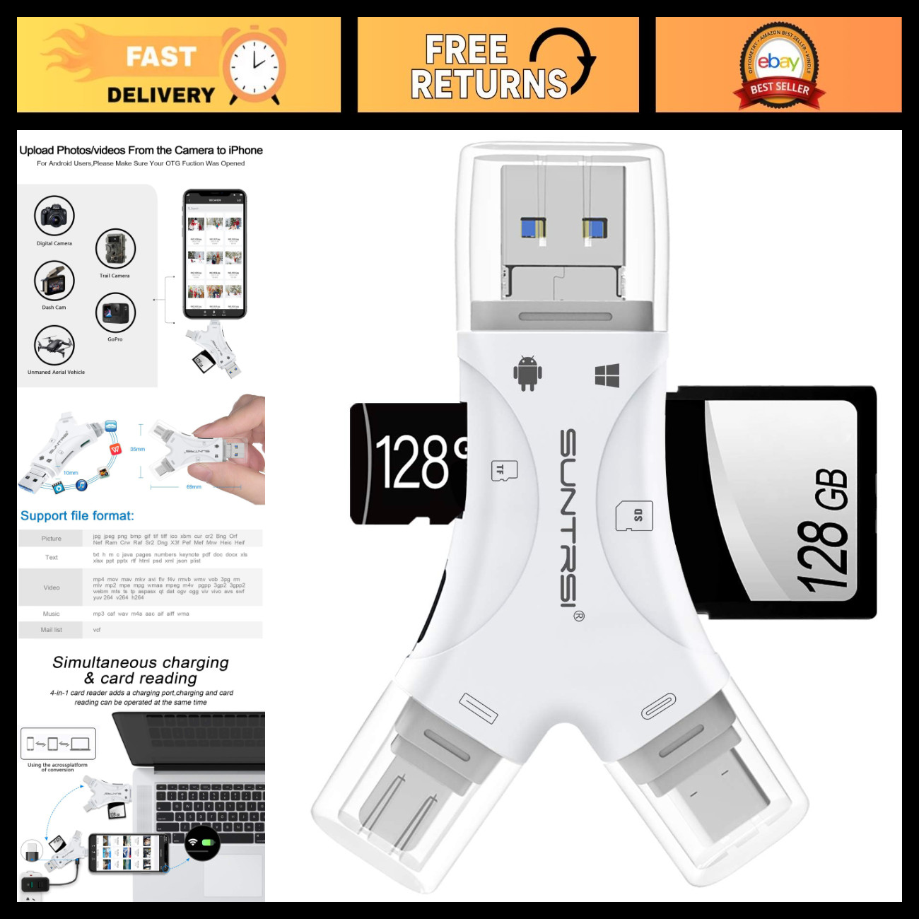 4-in-1 SD Card Reader for iPhone, Android, Mac & Camera - Portable Memory Adapte