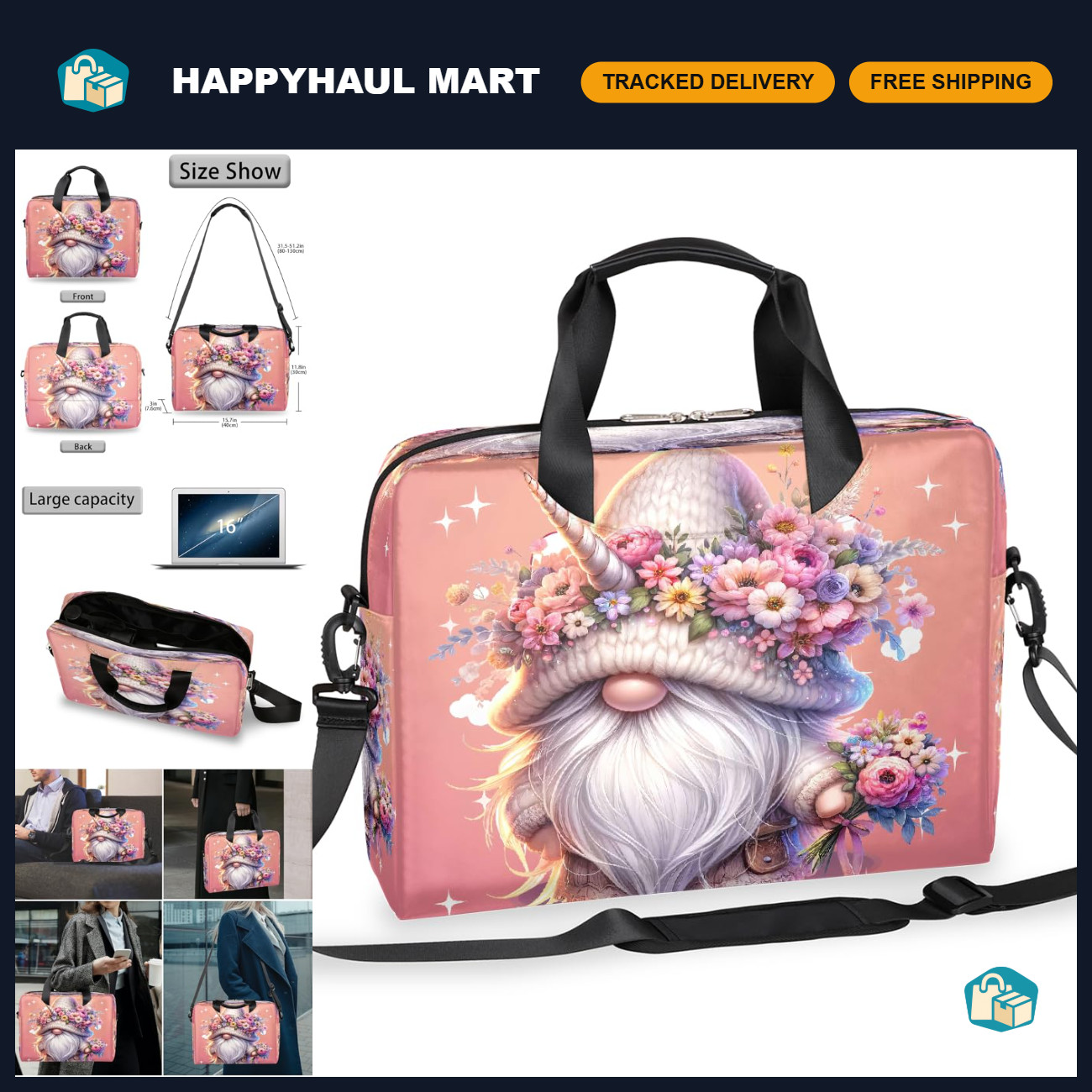 Waterproof 16" Laptop Bag Pink Floral Watercolor - Stylish Computer Case, Should