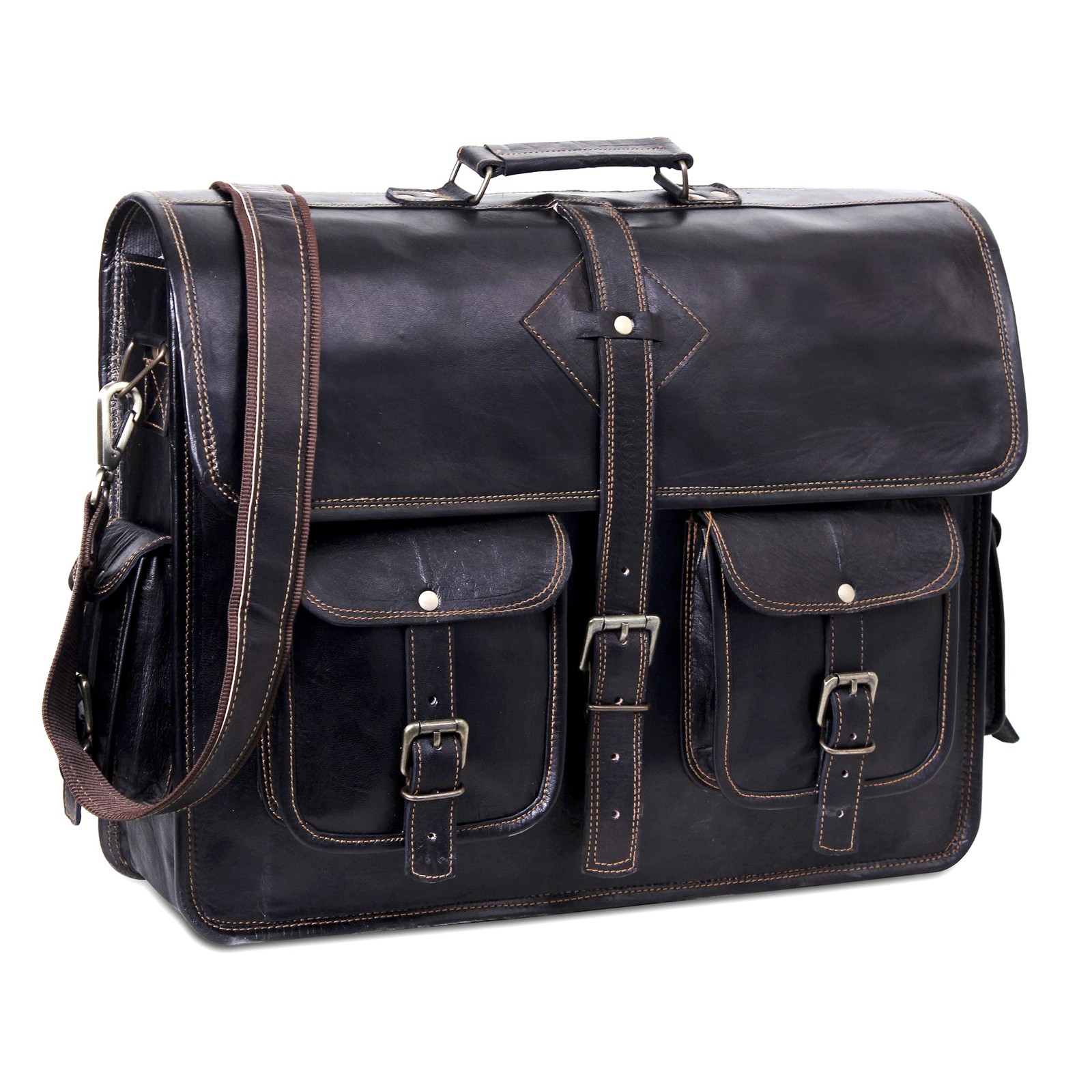 Black Leather Messenger Bag for Men and Women 18 Inch | Handmade Vintage Genu...