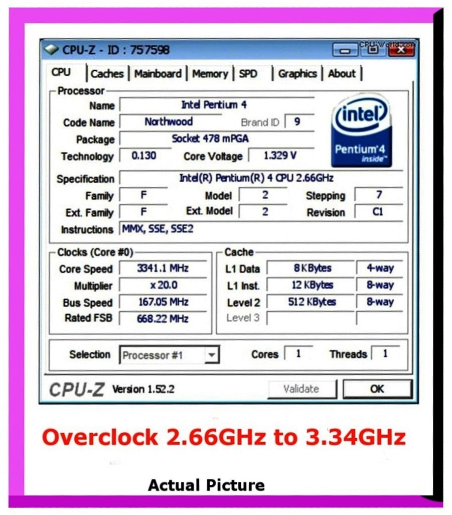Overclockable Pentium 4 Socket 478 2.66 GHZ CPU.  2.66/512/533 OC to 167/512/668