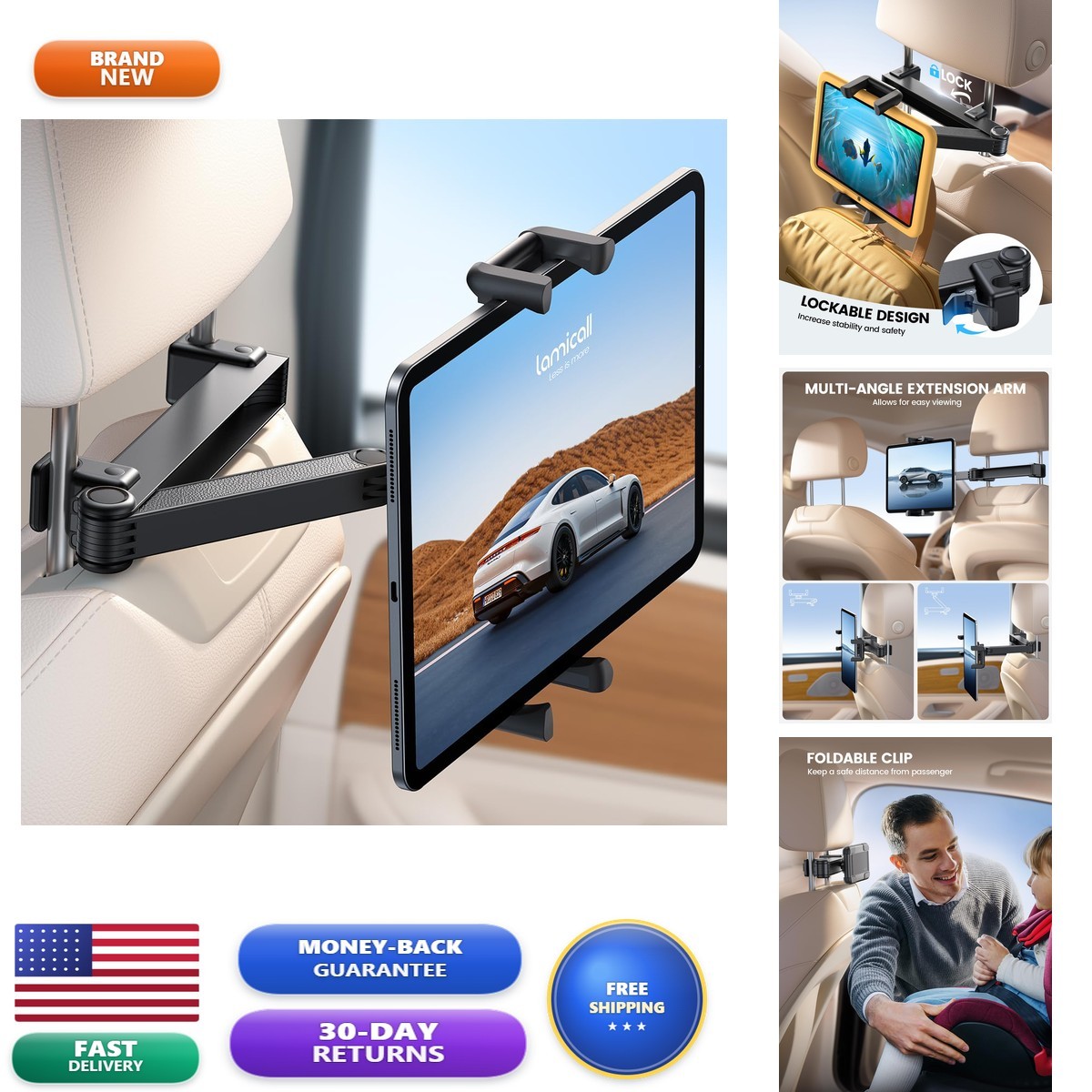 Lamicall Car Headrest Tablet Holder, Lockable, Thick Case Friendly