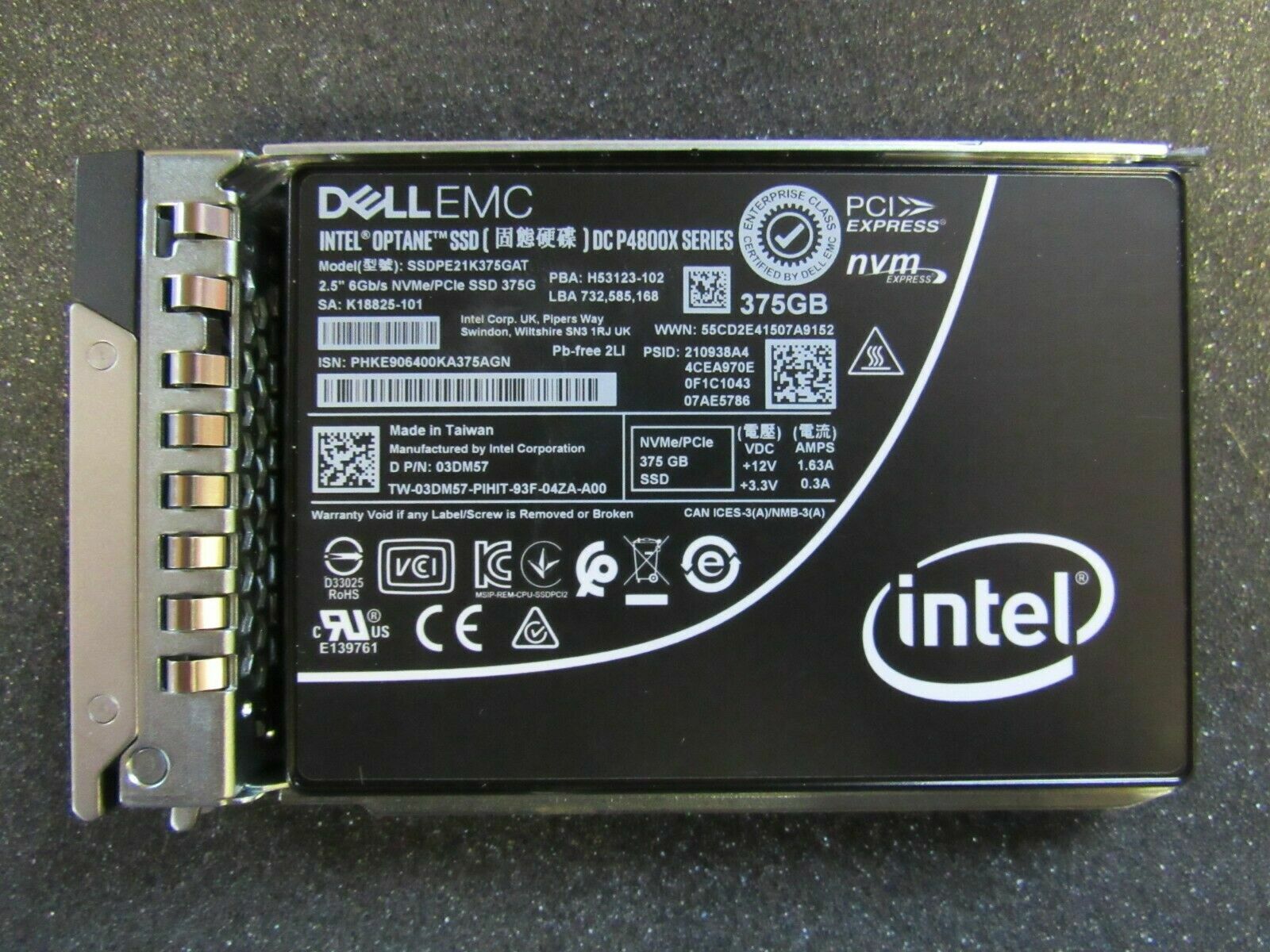Dell EMC Intel Optane P4800x 375GB U.2 NVMe 2.5" SFF Solid State Drive SSD 