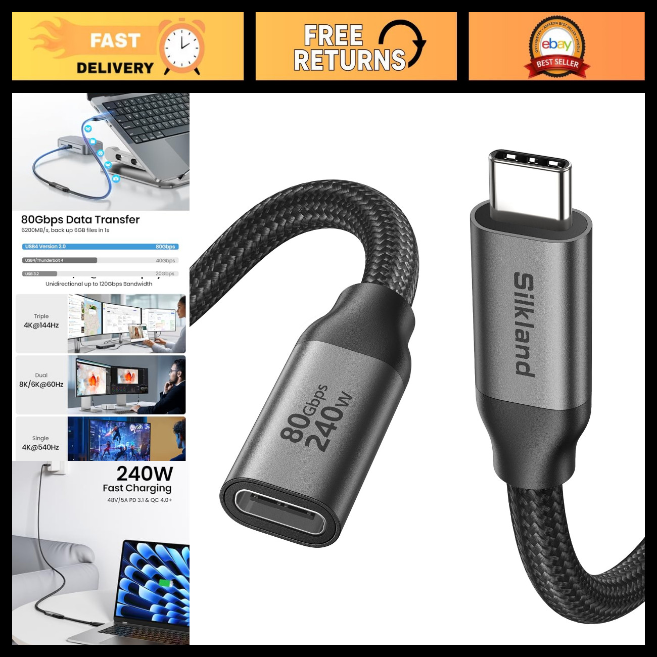 80Gbps USB4 USB C Extension Cable 240W for Thunderbolt 5/4 - 5FT Length