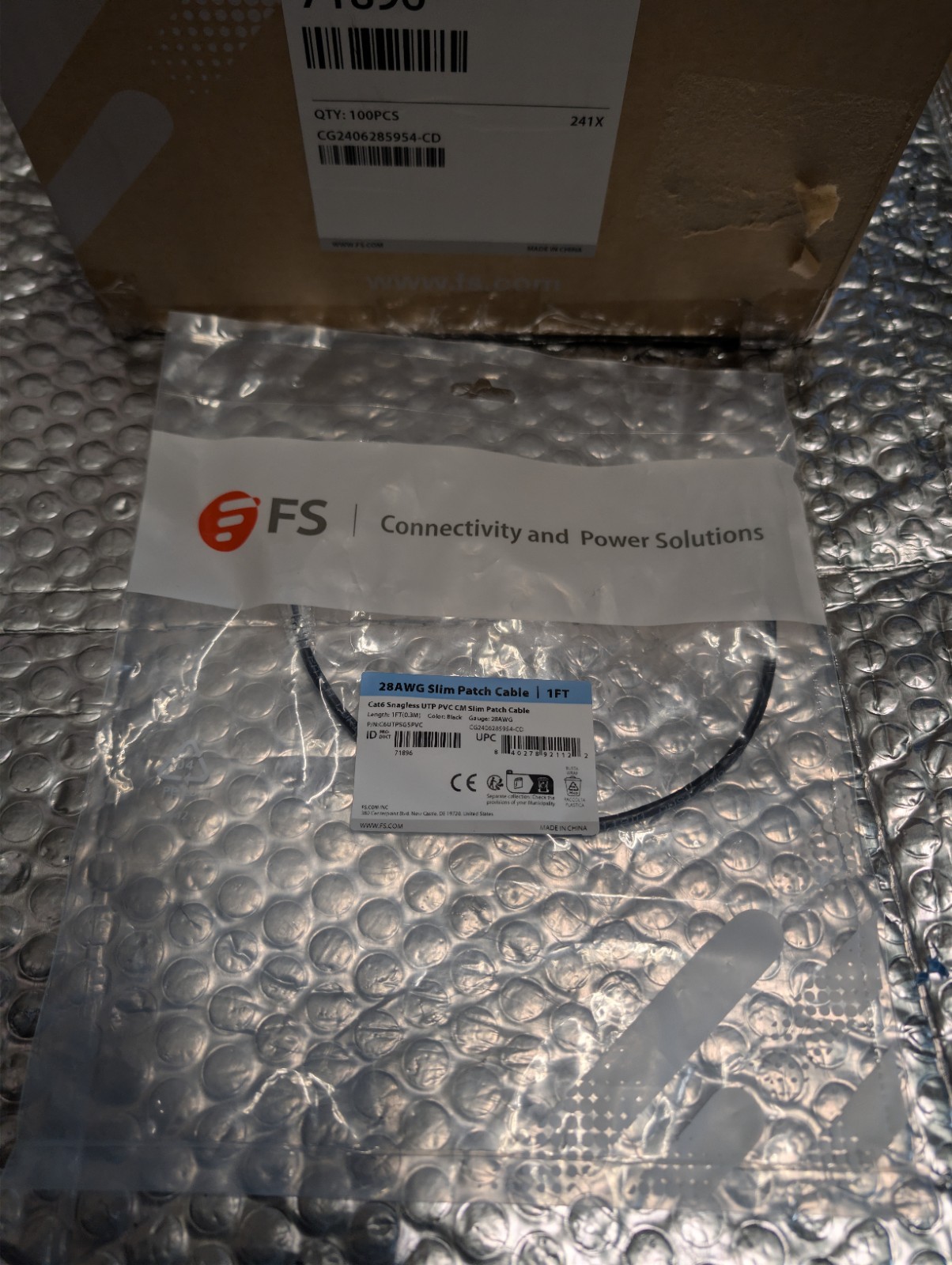 FS 28AWG Slim Patch Cable 1ft pk 100