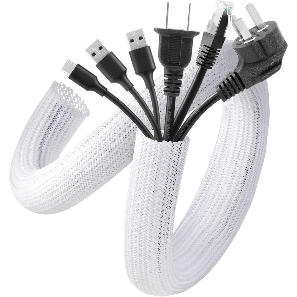 White Cable Sleeve, 2 Pack 5ft - 1.2 Inch Cable Management Cord Hide | Desk