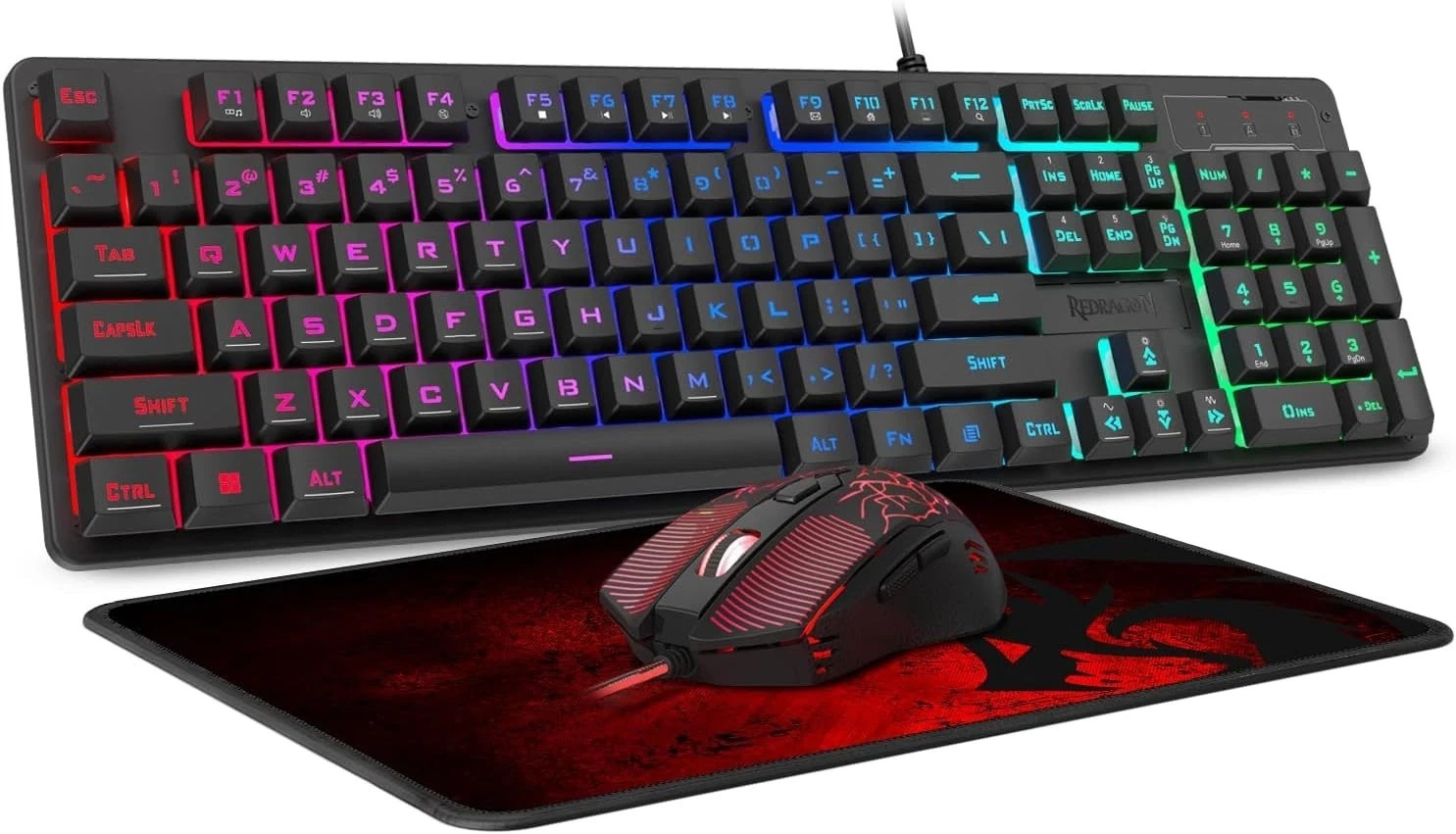 Redragon S107 RGB Gaming Keyboard and 3200 DPI Mouse Combo with Large Mouse Pad
