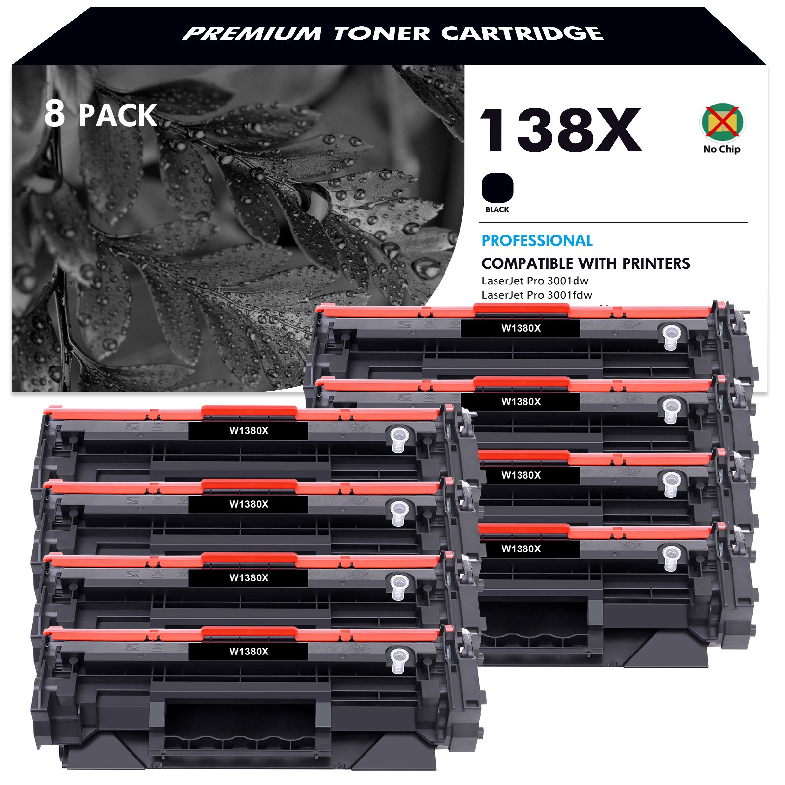 8PK 138X W1380X Toner Fits HP LaserJet Pro 3001dw 3001fdw MFP 3101fdw No Chip