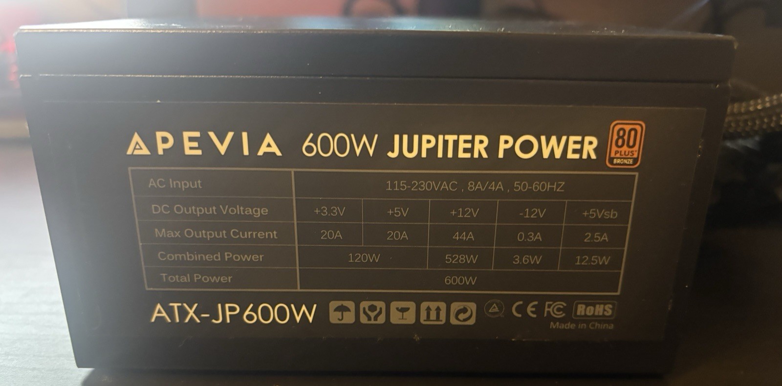 APEVIA 600W JUPITER POWER SUPPLY - 80 Plus Bronze - ATX-JP600W FULLY WORKING
