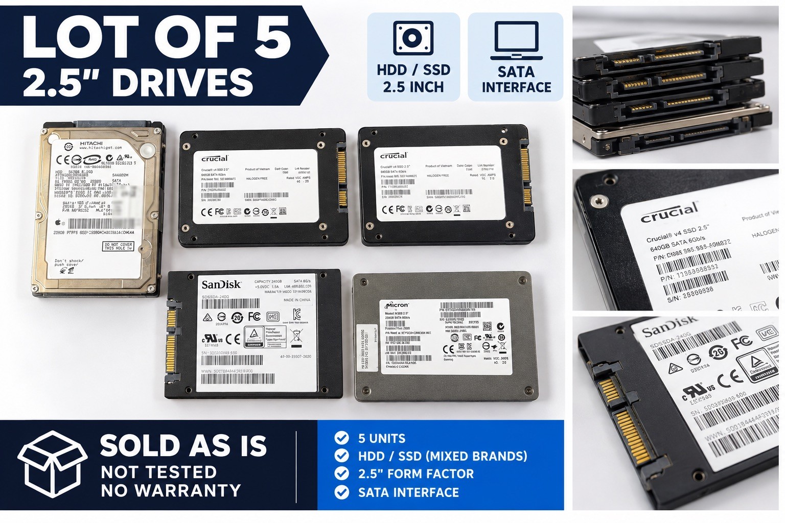 Lot 5x 2.5" SSD SATA Crucial v4 64GB, SanDisk 240GB, Micron 256GB Untested AS-IS