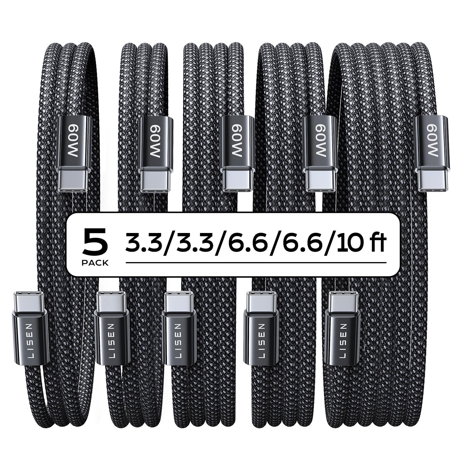 LISEN USB C to USB C Cable 5 Pack Fast Charging Braided 3.3 6.6 10FT 60W