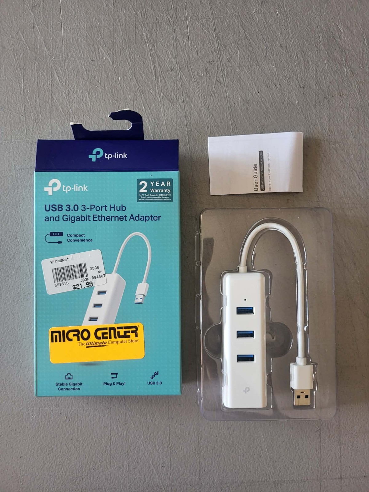 TP-Link UE330 USB 3.0 to Ethernet Adapter 3-Port Hub Gigabit RJ45. Laptop. White