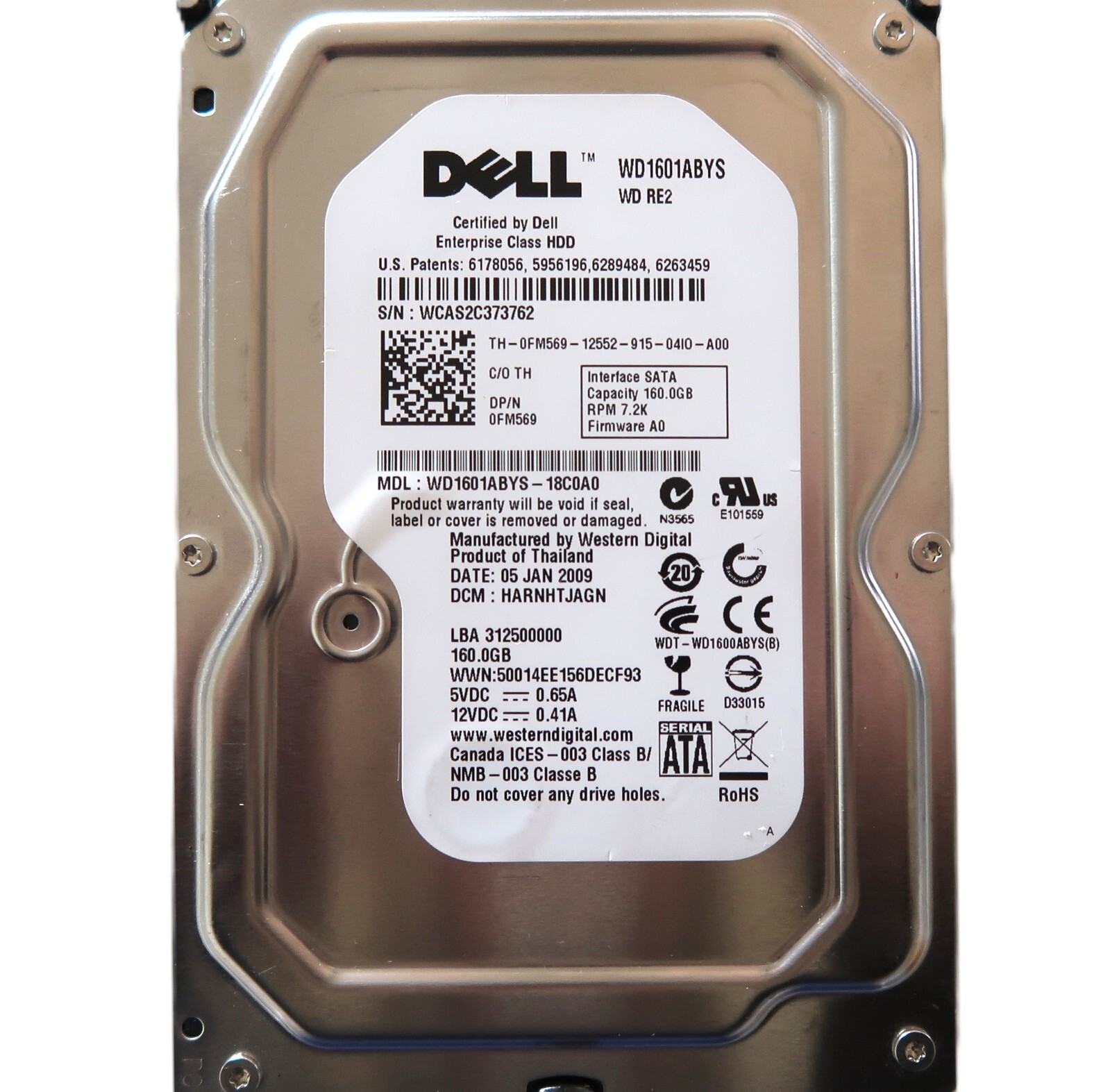 WD WD1601ABYS-18C0A0 HARNHTJAGN (WCAS) Thailand 160gb Sata 3.5" HDD 01/2009
