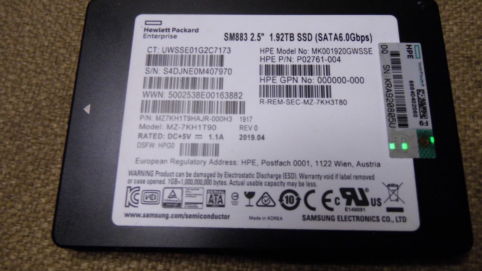 HPE HP Branded Samsung SM883 1.92TB SSD Sata-3