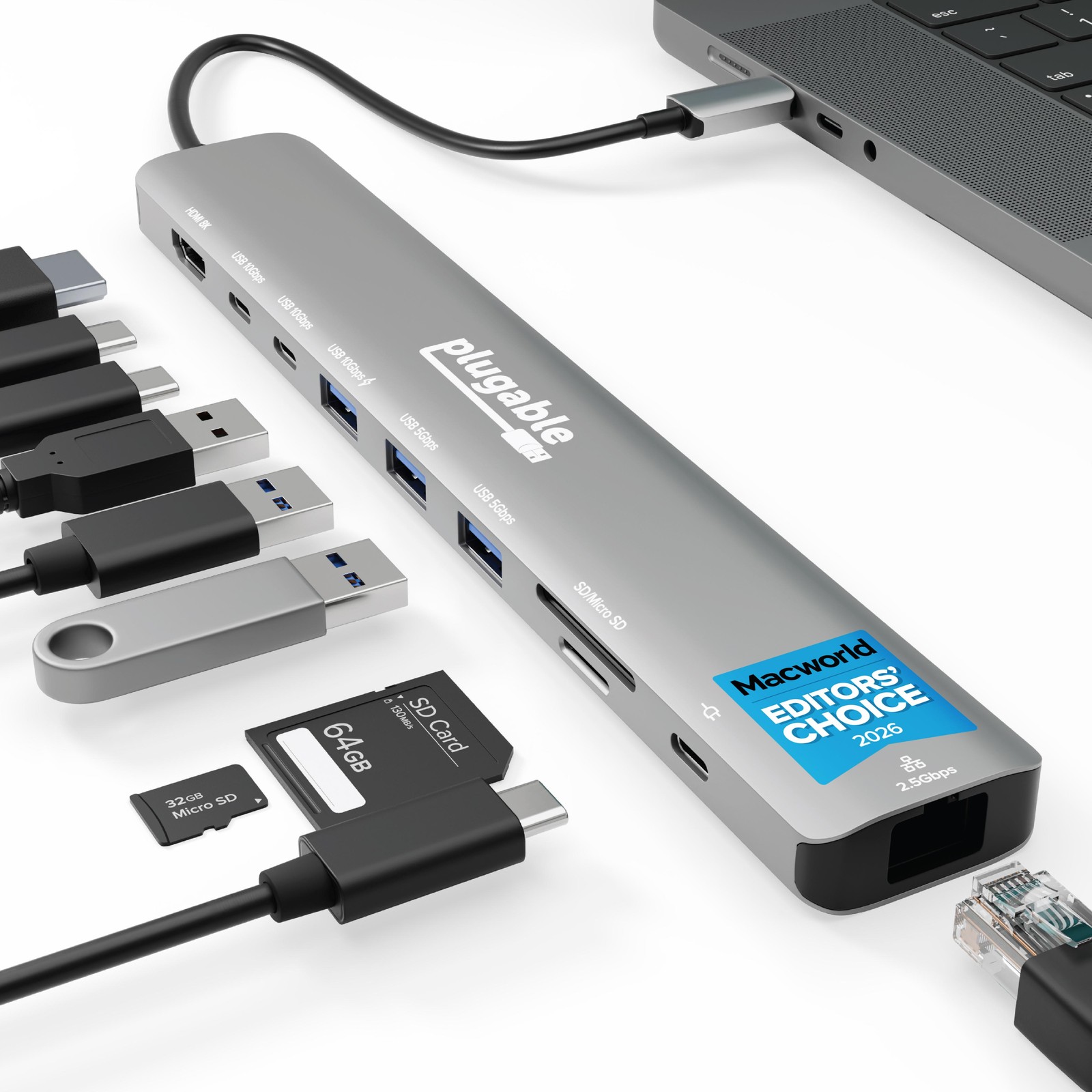Plugable USB C Hub: 10-in-1 Multiport Adapter (8K/4K 144Hz HDMI 2.1, 2.5G