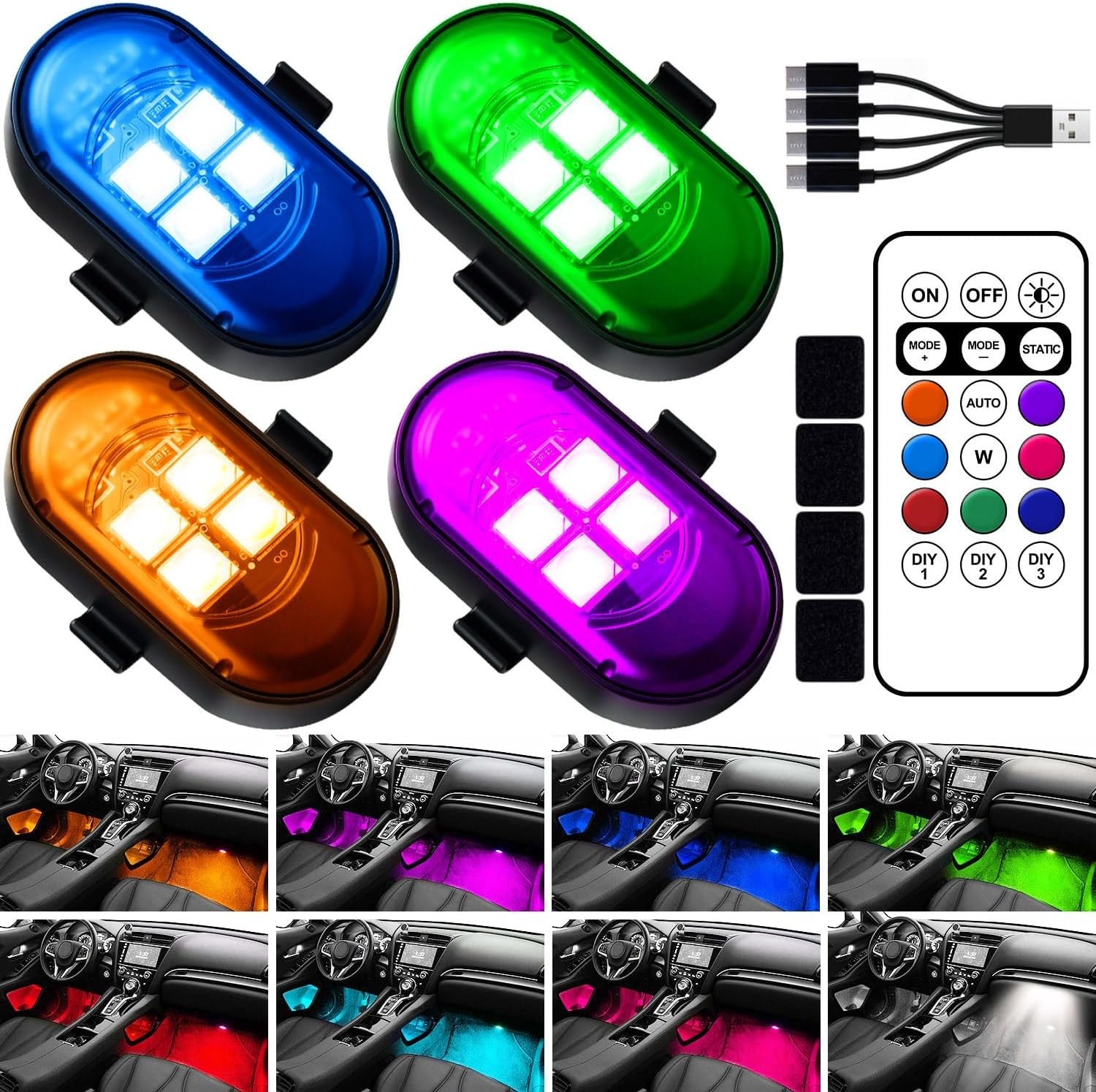 Upgraded Wireless LED Lights for Car, Rechargeable Interior Car Lights 4pcs