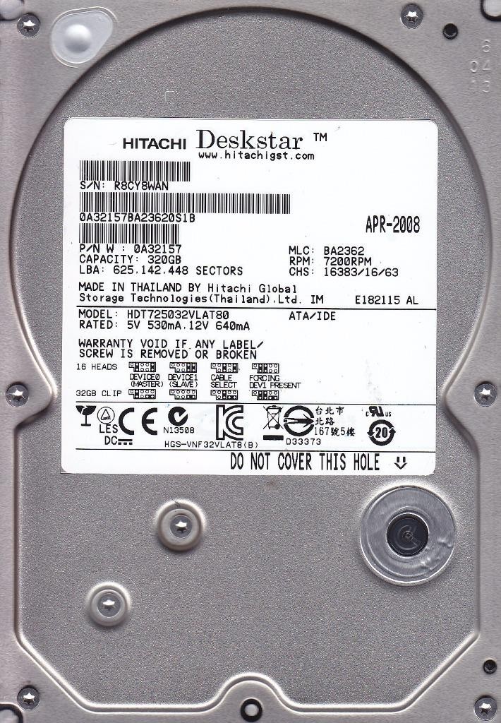 HDT725032VLAT80  p/n: 0A32157 mlc: BA2362 Hitachi 320Gb IDE D1-10