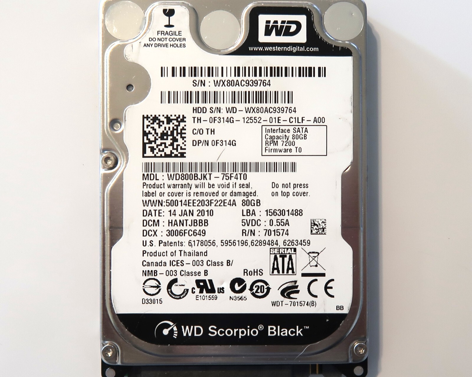WD800BJKT-75F4T0 HANTJBBB (WX80) Thailand 80gb 2.5" Sata HDD 14JAN2010