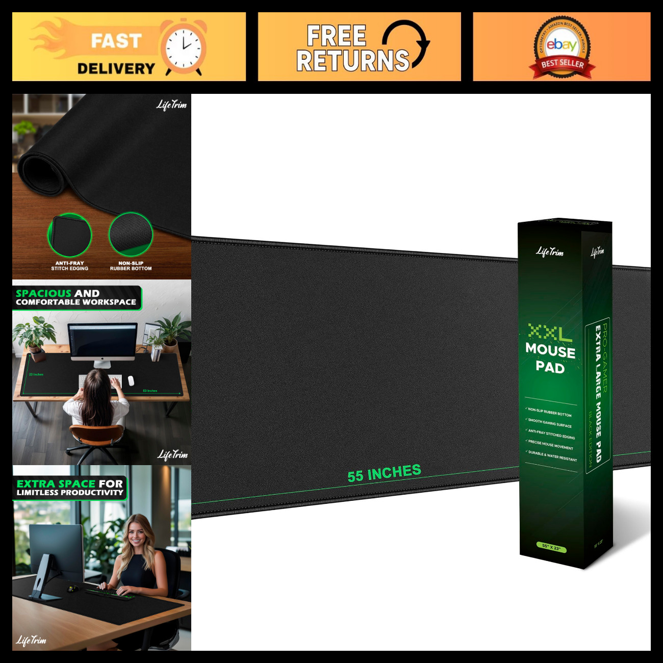 Extra Large Desk Mat 55x23 Inch, 5mm Thick Gaming Mouse Pad, Non-Slip, Waterproo