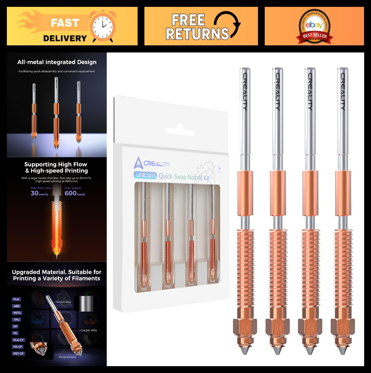 4PCS Quick-Swap 3D Printer Nozzle Kit - 0.4mm, 0.6mm, 0.8mm Copper & Steel Nozzl