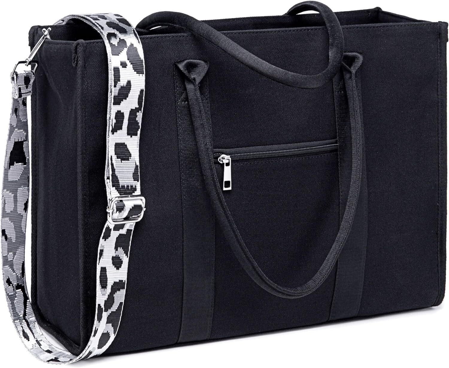 Laptop Tote Bag for Women Work 15.6 inch Canvas Shoulder Black-leopard Print 