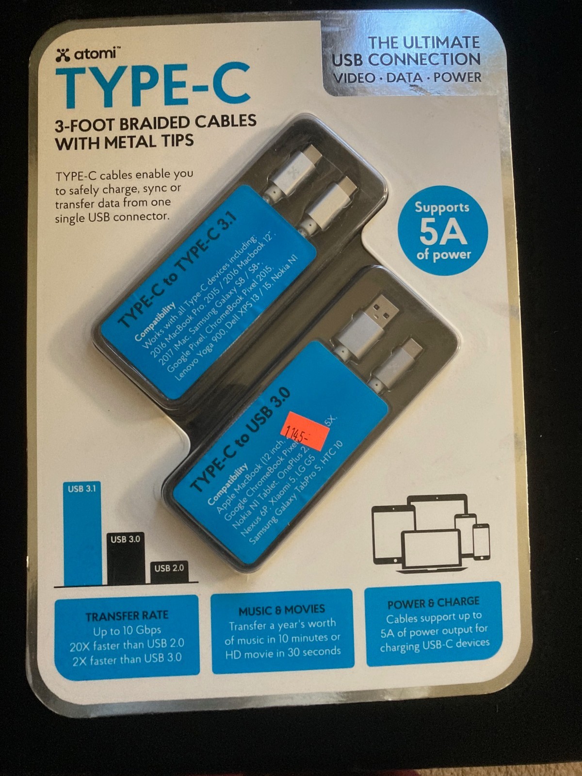 New In Package Atomi Type-C 3-foot Braided Cables with Metal Tips 2 pack