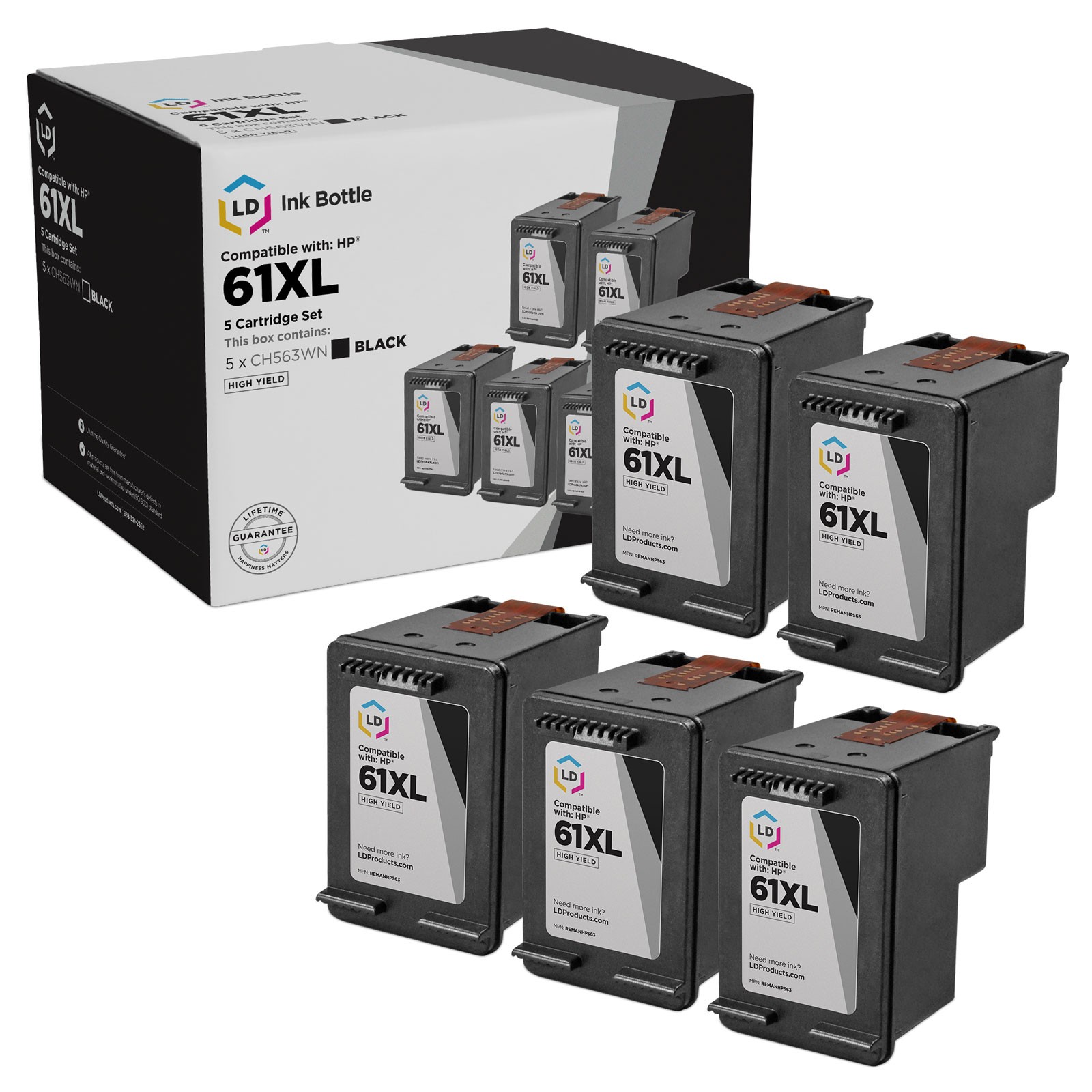 LD Reman Replacement Ink Cartridges for HP CH563WN (HP 61XL) HY Black 5pk