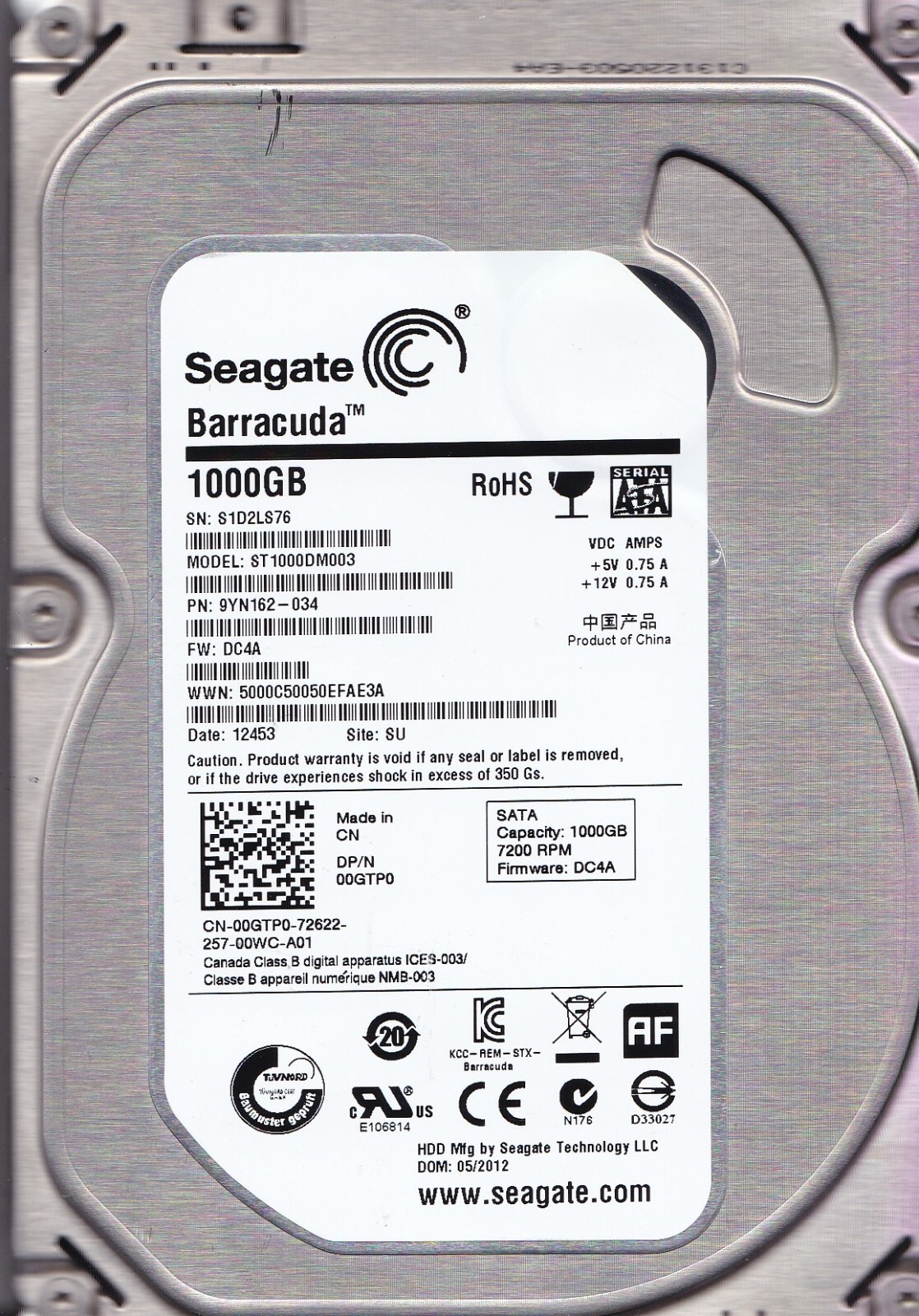 ST1000DM003 p/n: 9YN162-034 s/n: S1D  f/w: DC4A SU 2012 1TB SATA 3.5" SEAGATE
