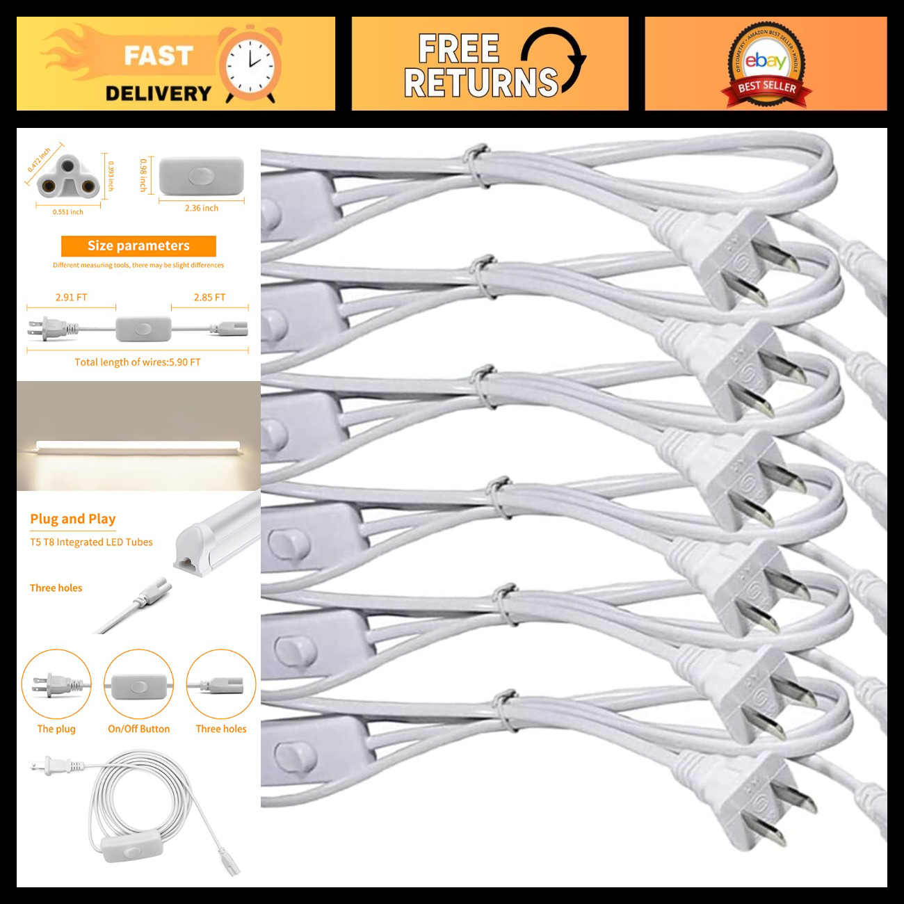 LED Tube Power Extension Cable with On/Off Switch - 6FT, 6-Pack for T5/T8 Fixtur
