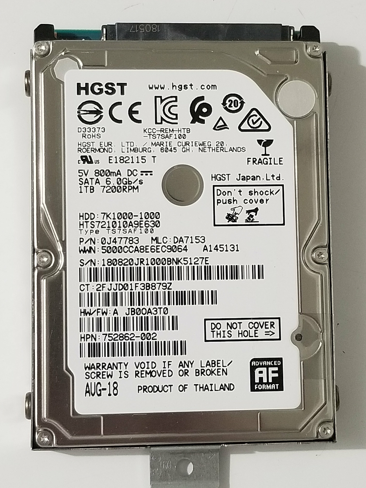 HGST 1TB 2.5" Internal Laptop HDD Hard Drive 7200RPM SATA 6.0Gbs HTS721010A9E630