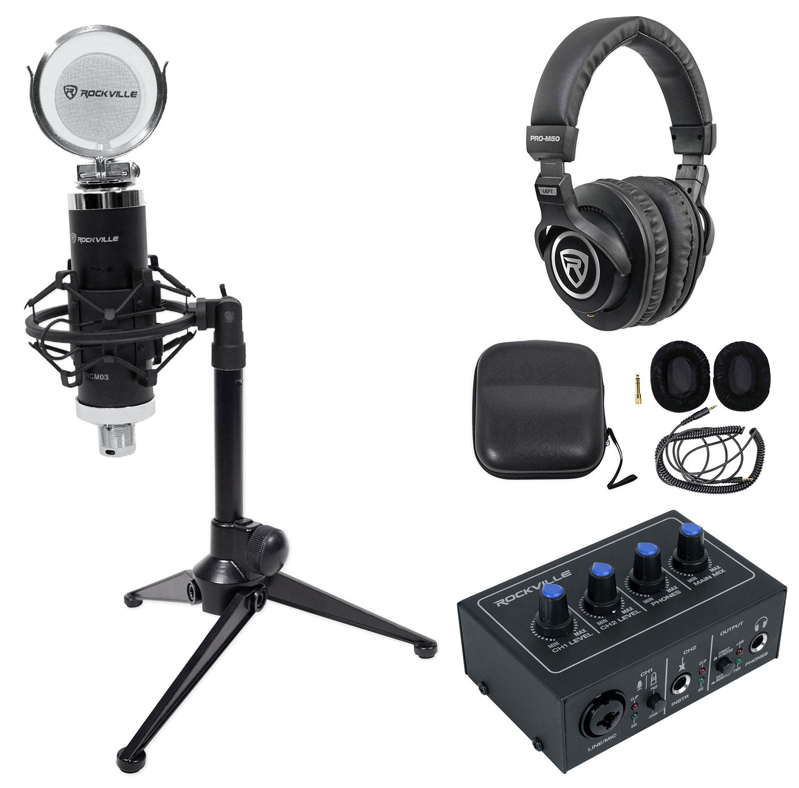Rockville 1-Person Podcast Podcasting Kit w/2x2 USB Interface+Mic+Headphones