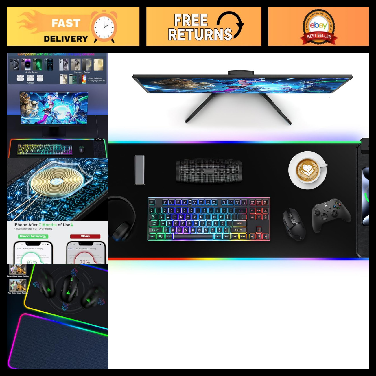 Large RGB Gaming Mouse Pad with Wireless Charging, 10 LED Colors, Non-Slip Base
