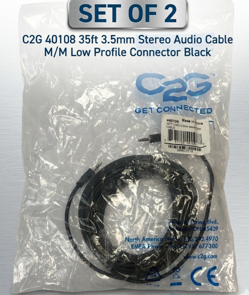 C2G 40108 35ft 3.5mm Stereo Audio Cable M/M Low Profile Connector Black Set of 2