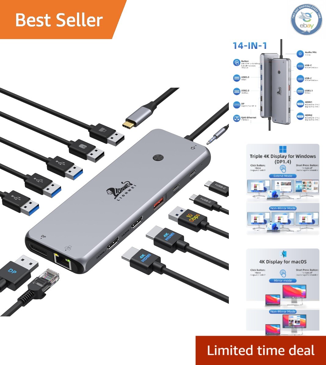Versatile 13-in-1 USB C Docking Station: Plug and Play, Fast Transfer, Portable