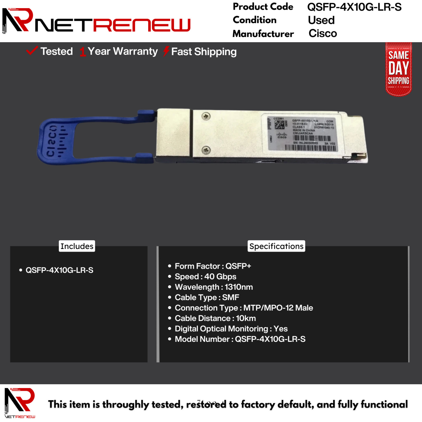 Cisco QSFP-4X10G-LR-S QSFP 40GBASE-LR4 to 4×10GBASE-L Transceiver Module