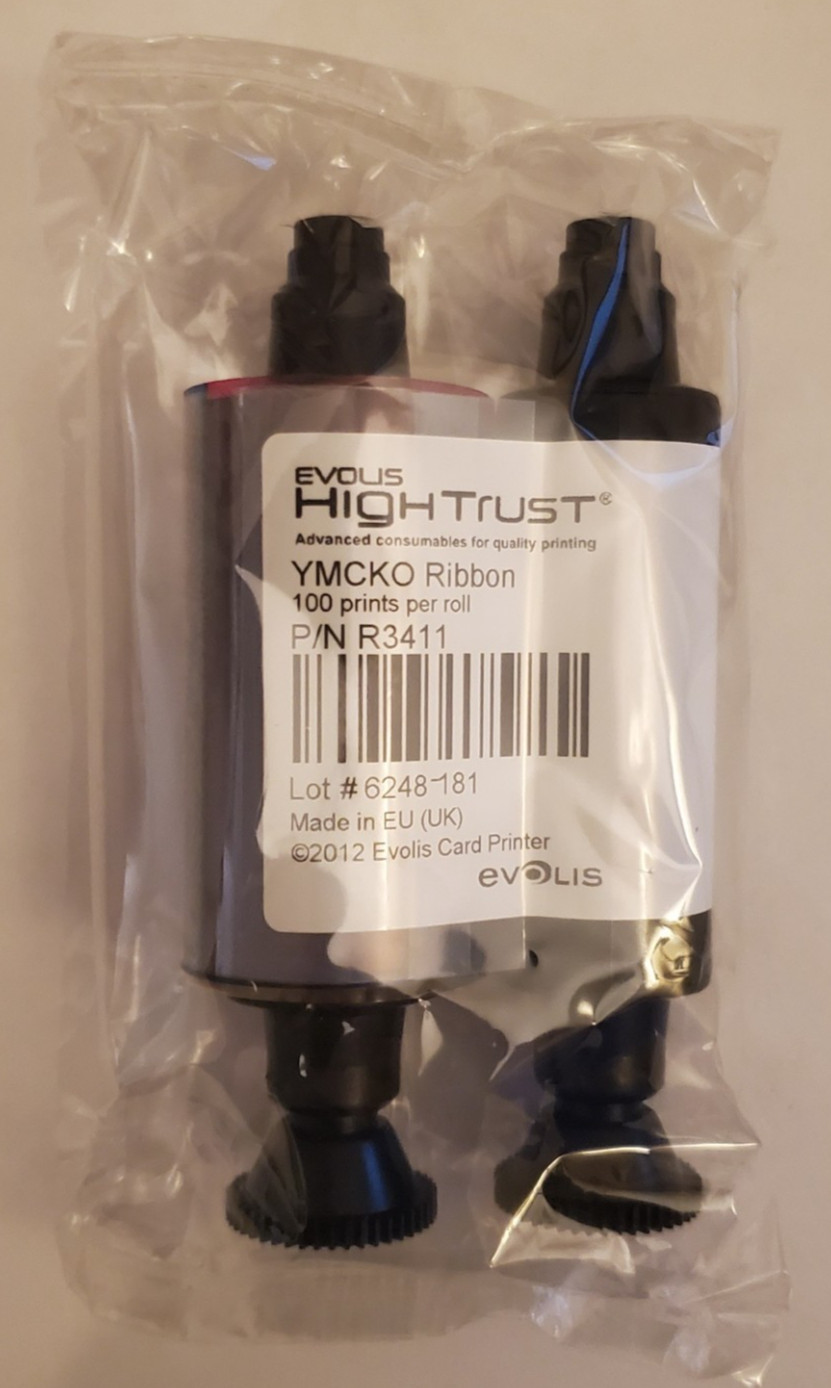 Genuine Evolis High Trust, R3411 YMCKO Color Ribbon, 100 Print Image New Sealed